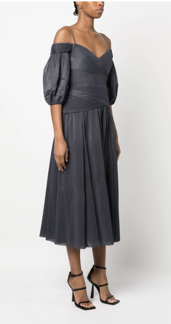 Zimmermann Off-Shoulder Pleated Midi Dress Navy Size 4 / AU
